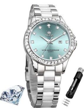Women's Silver band /Blue dial Diamond Fashion Elegant Chronograph Wrist Watch